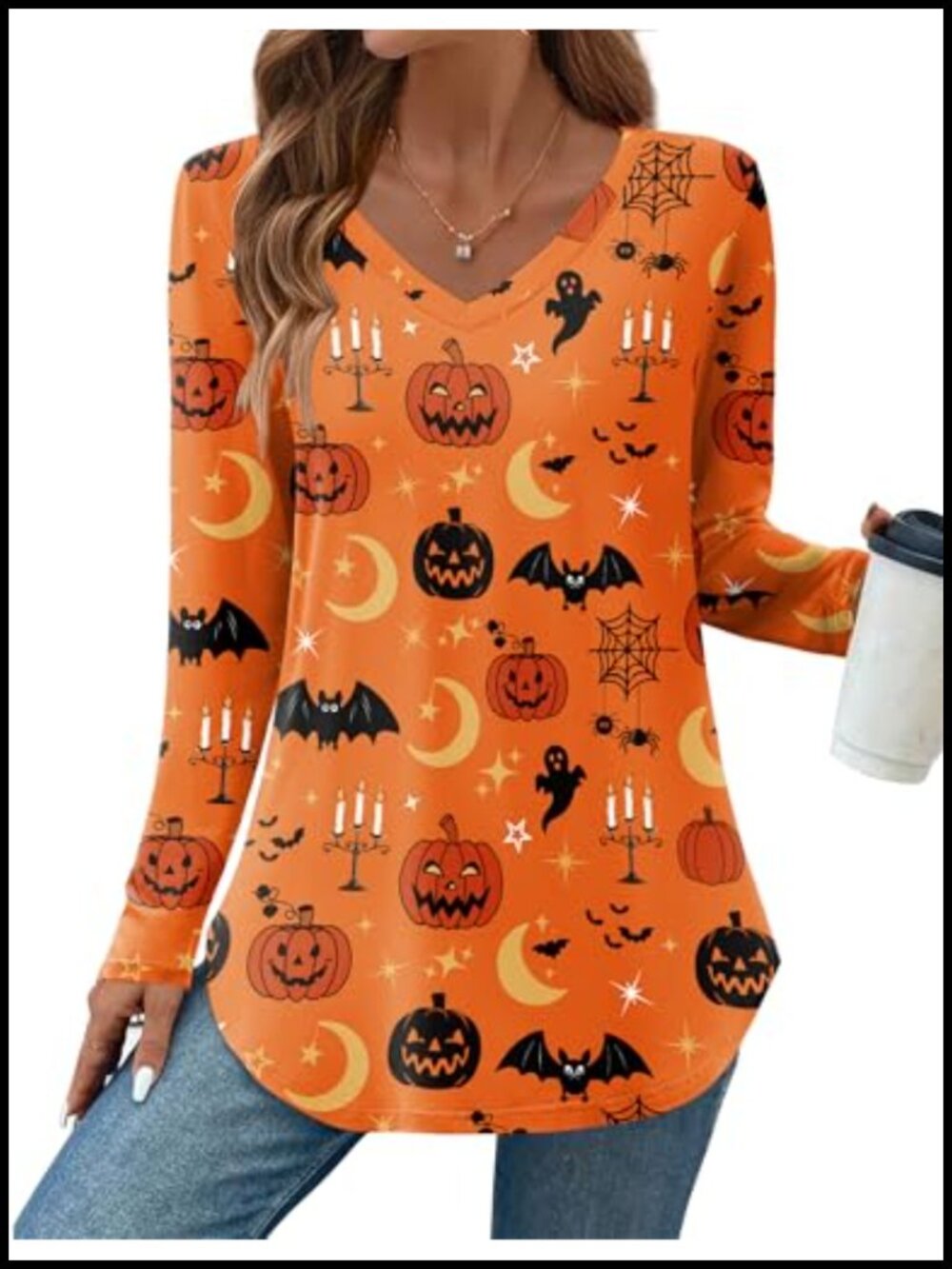Women Loose Fit V-Neck Long Sleeve Tunic Top with Side Split Curved Hem